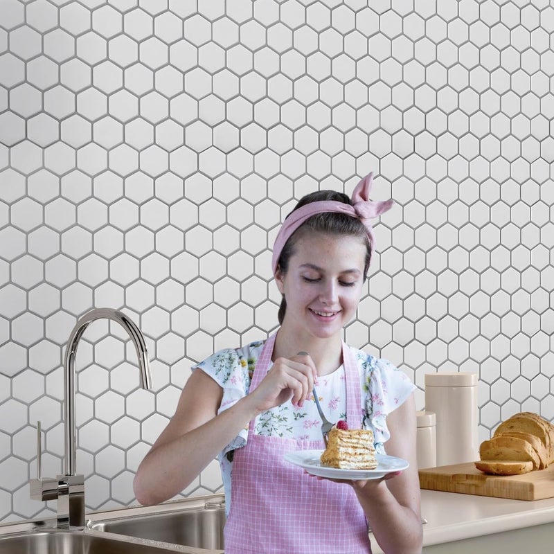 Decopus 3D Peel and Stick Tile (Hexagon White Glossy 10Pack, Thin & Flex Smart Tile for Kitchen, Bathroom, Car Camper - DIY Remodelling, Wall Decorations, No Grout Backsplash, Faux Marble, Skinny - Image 3